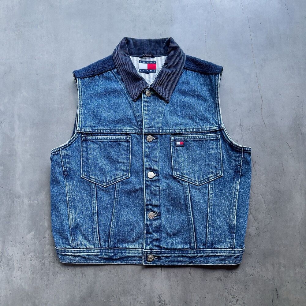 Vintage Tommy Jeans Women Denim Fleece Vest Large Blue Flag Logo Y2K